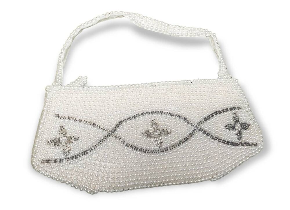 Vintage White Pearl Fully Beaded Zip Closure Evening Clutch / Purse Wedding